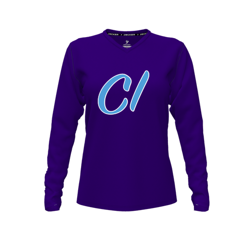 [CUS-DFW-TEES-CMF-VNK-LSL-PUR-FYXS-LOGO3] Decker Comfort T-Shirt (Female Youth XS, Purple, V Neck, Logo 3, Long Sleeve)