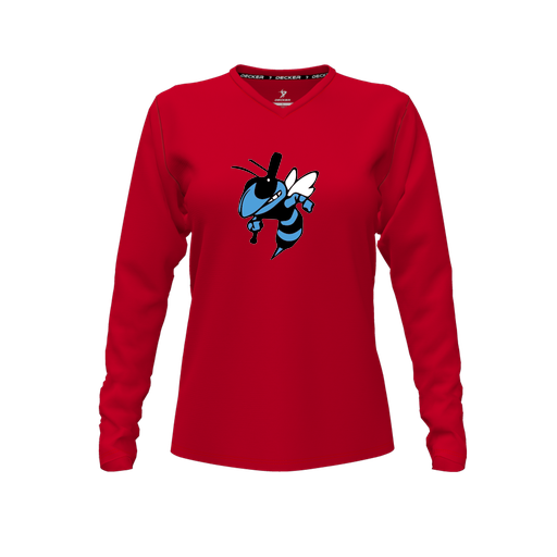 [CUS-DFW-TEES-PER-VNK-LSL-RED-FYXS-LOGO1] Decker Performance T-Shirt (Female Youth XS, Red, V Neck, Logo 1, Long Sleeve)
